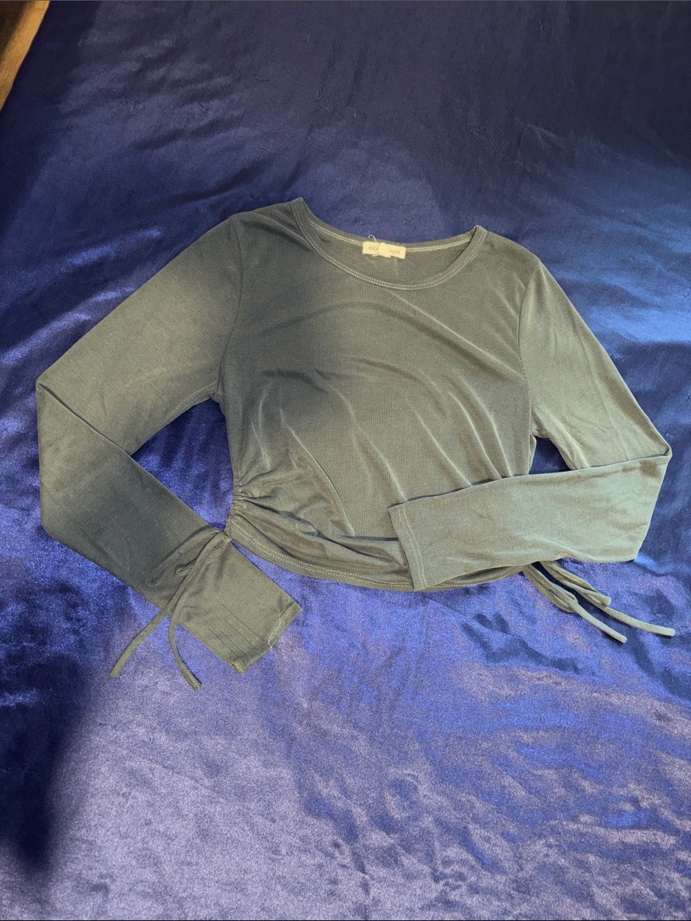 Moa Moa Olive Green Long Sleeve Cropped Tie-Waist Top